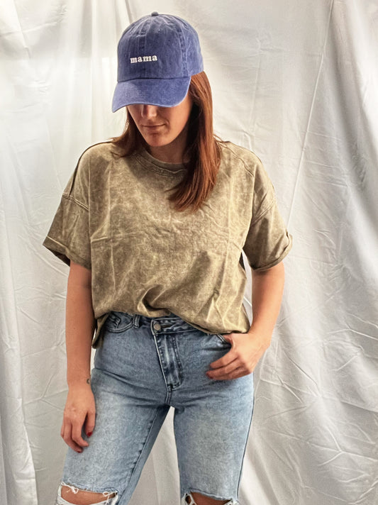 Mocha Acid Wash French Terry Raw Edge Crop Top w/ Back Patch (ready to ship)